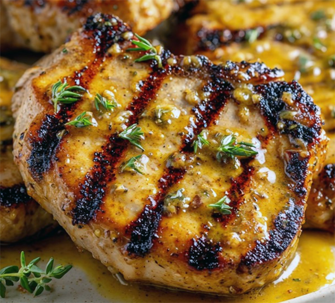 barbecued pork shop with a dijon mustard glaze garnished with thyme