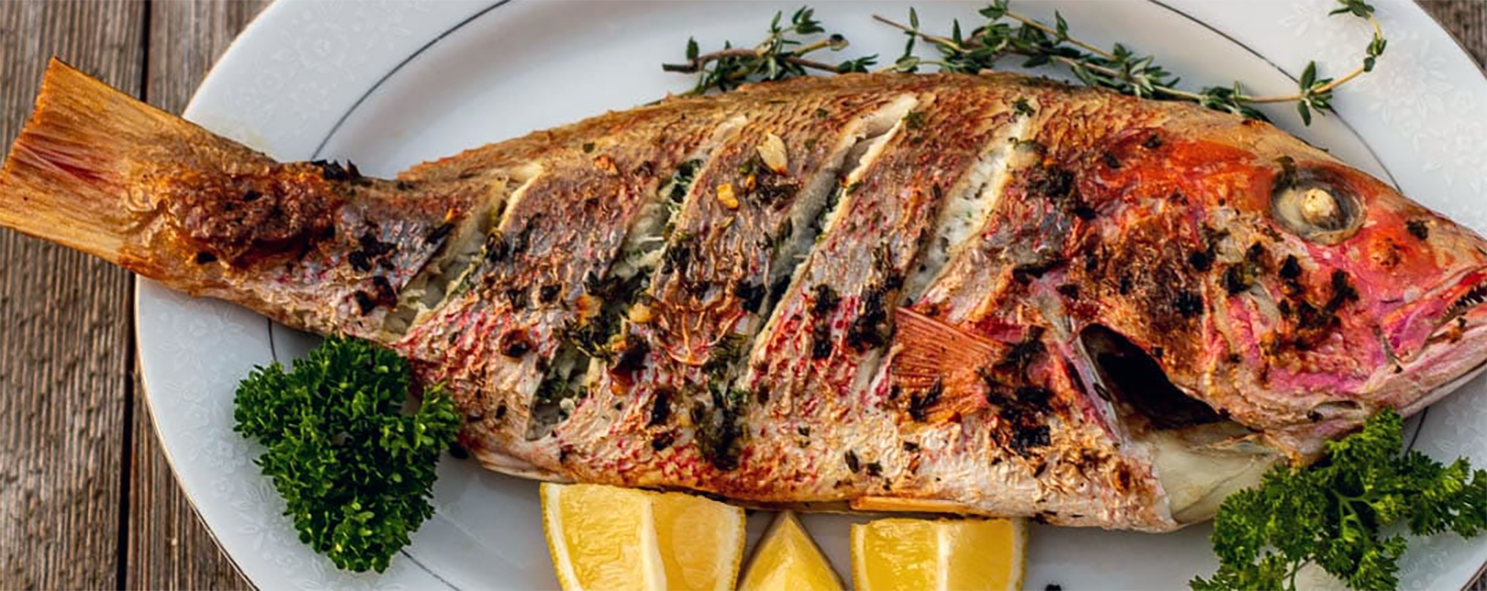 whole barbecued red snapper on a plate