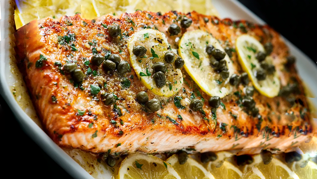 roasted salmon steak served with caper sauce