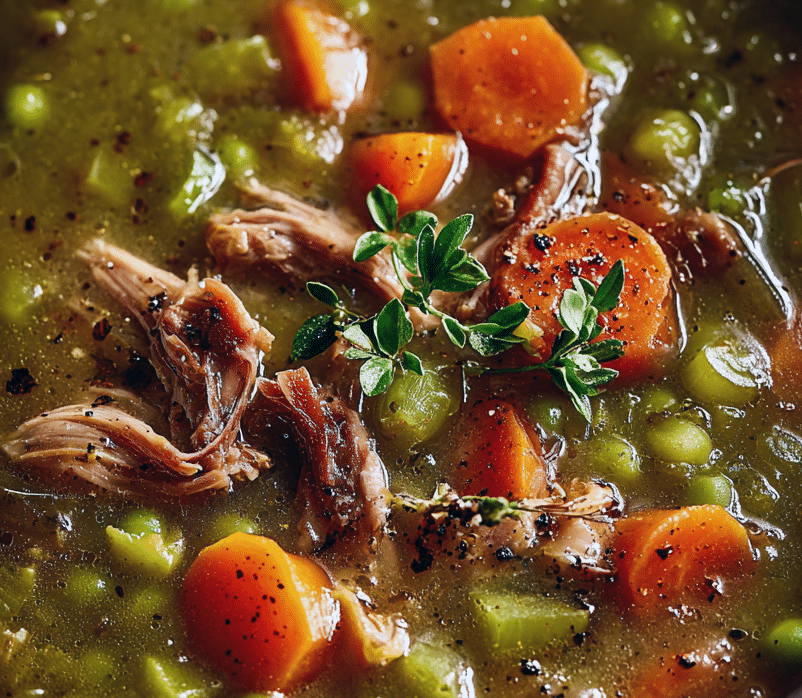baked soup with carrots, pork, split peas and rice in a soup bowl