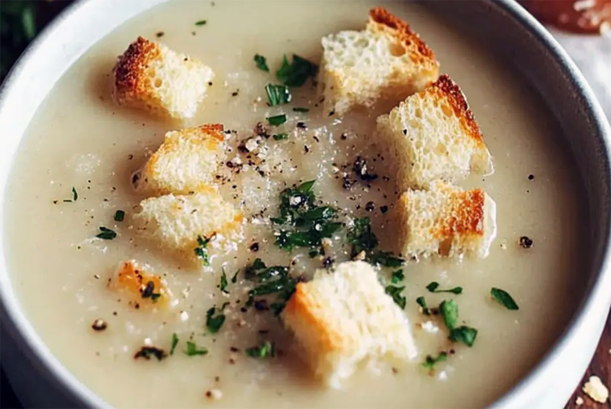 bread soup in a bowl topped with garlic croutons