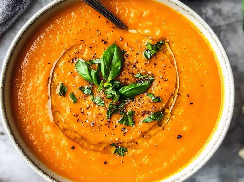 carrot soup served garnished with basil leaves