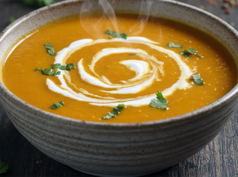 coconut rind and rice soup in a meat stock base garnished with a swirl of sour cream and coriander leaves
