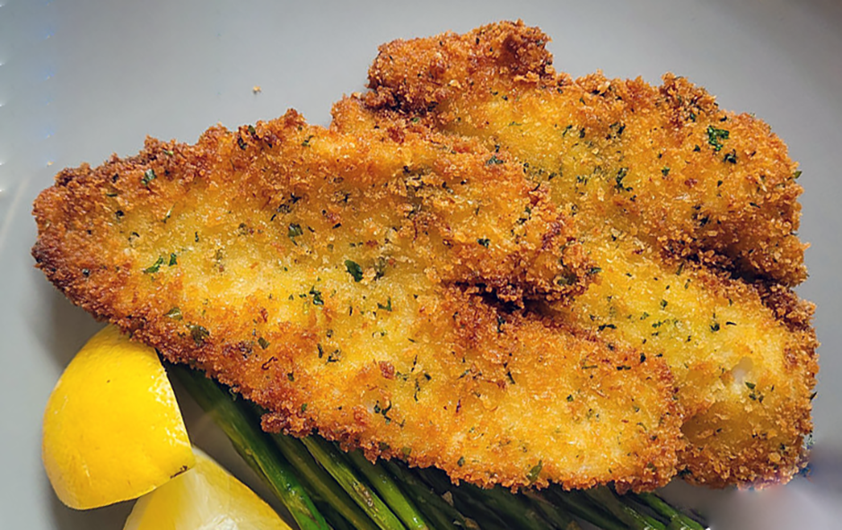 fried breaded plaice with potatoes and green beans