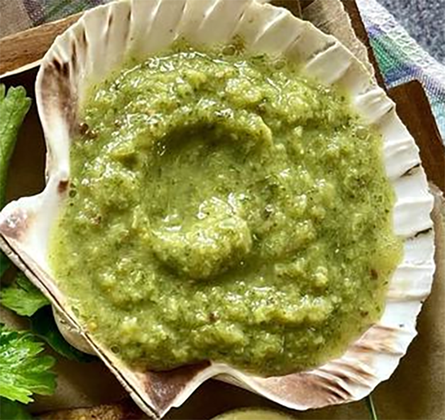 gooseberry sauce served in a scallop shell