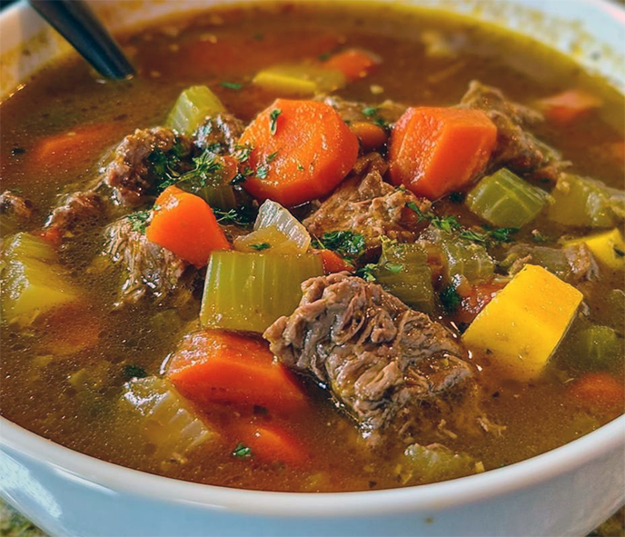 beef and vegetable gravy soup in a bowl