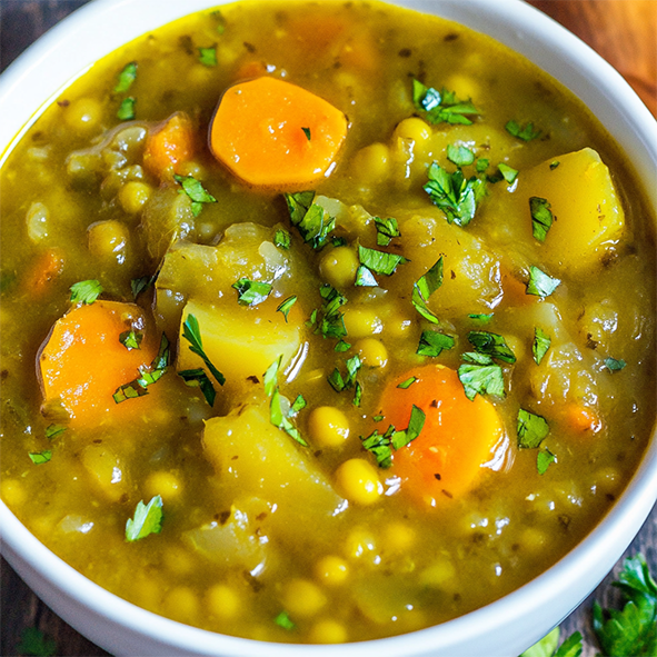 hessian soup of vegetables and split peas in a beef bone base