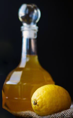 sweetened lemon zest infused brandy in a decanter