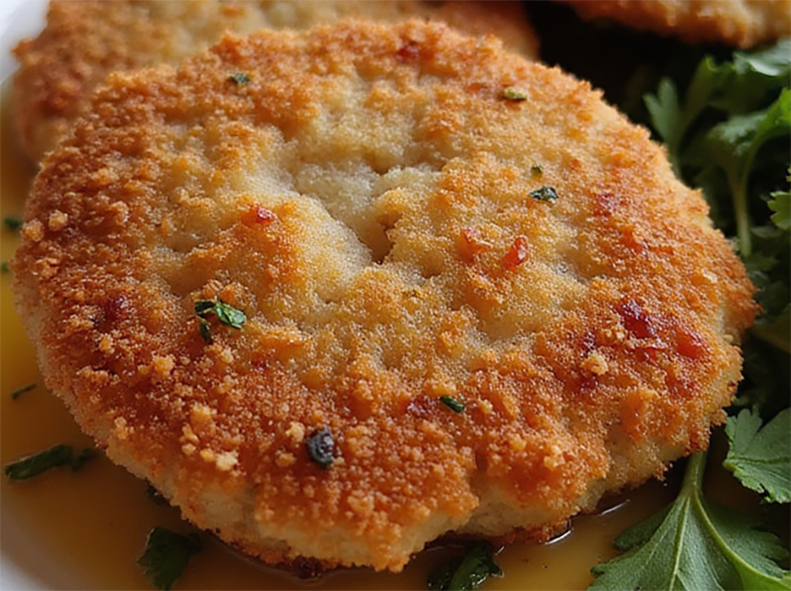breaded lobster cutlet on a base of flat-leaf parsley and melted butter