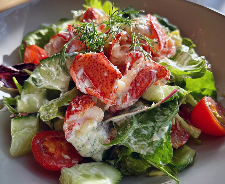 dressed lobster on a bed of greens and cucumber