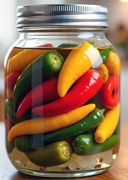 chillies pickling in a glass jar