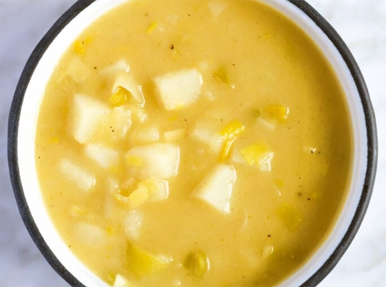 potato, leek and rice soup in a soup bowl
