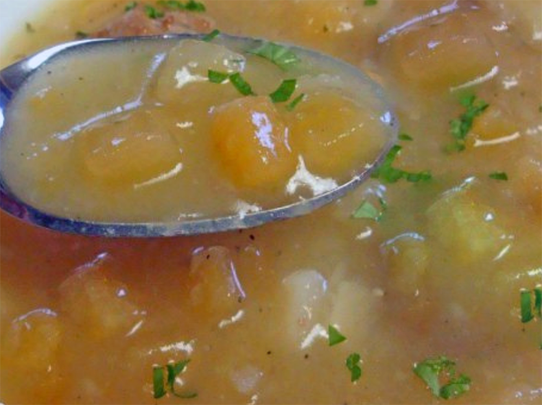 soup of turned turnips in a meat stock base