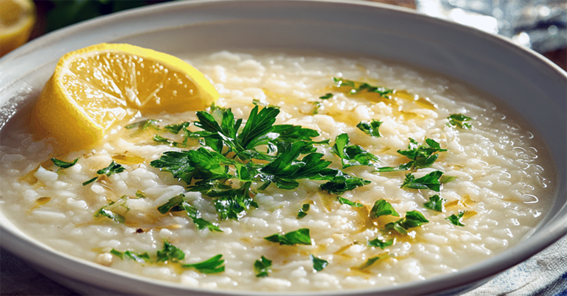 part pureed rice soup in meat stock with an egg liaison