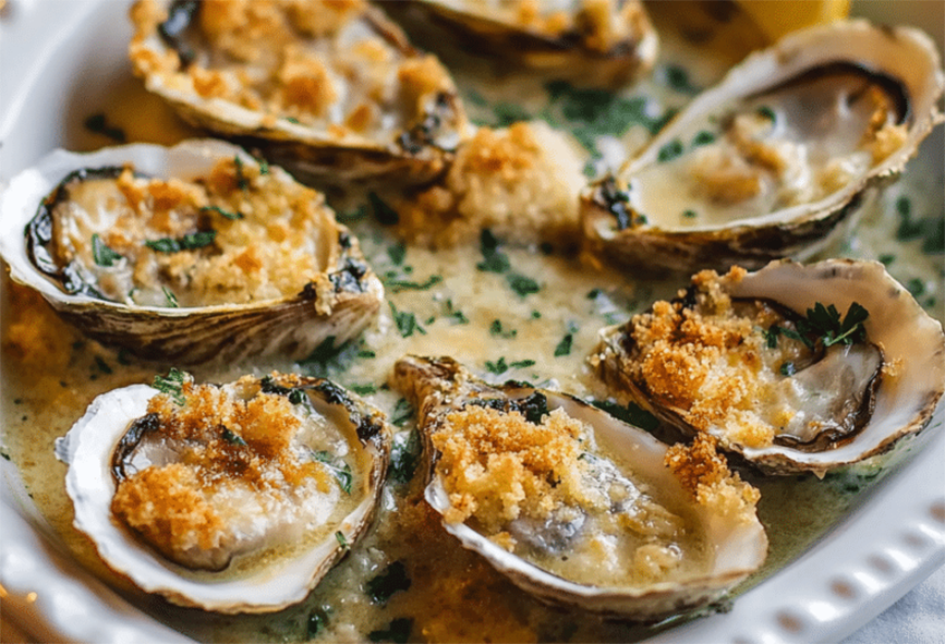 oyster meats in white sauce served in oyster shells topped with breadcrumbs