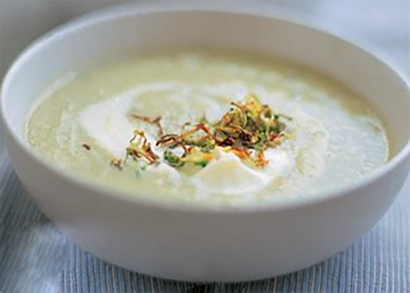 soup a la flamande in a bowl grnished with vegetable chiffonade