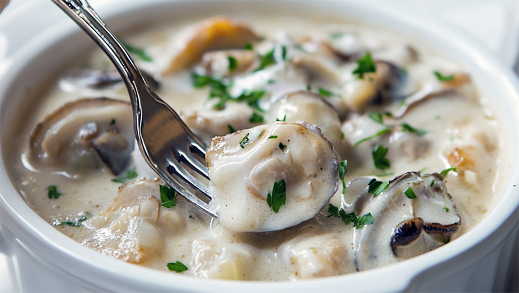 stewed oysters in cream served in a bowl