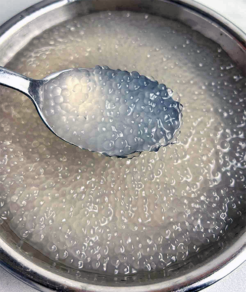 soup of tapioca in a meat stock base in a steel bowl