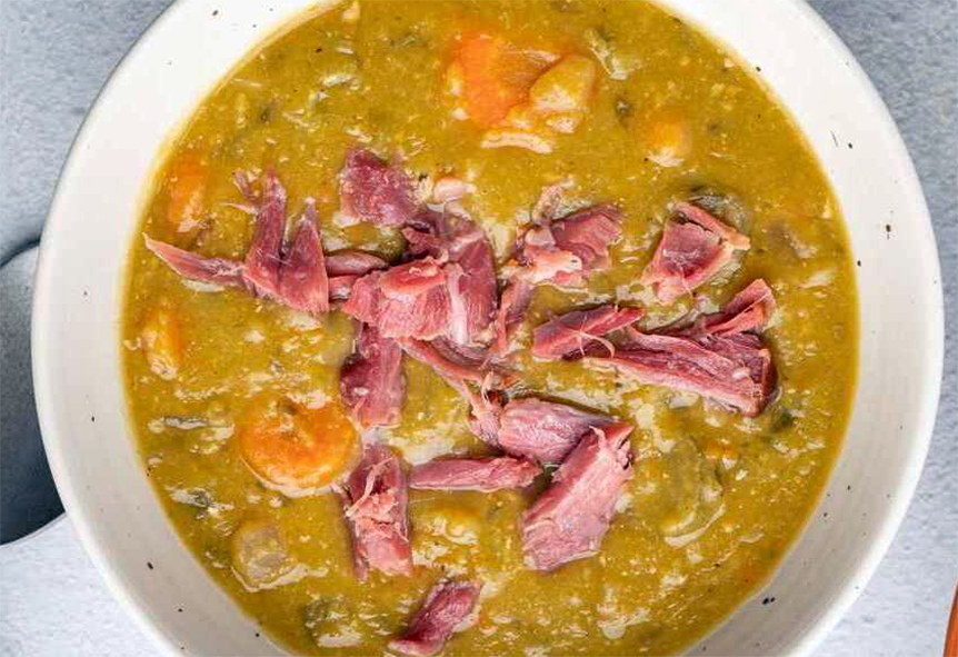 vegetable and yellow split pea soup with shin of beef