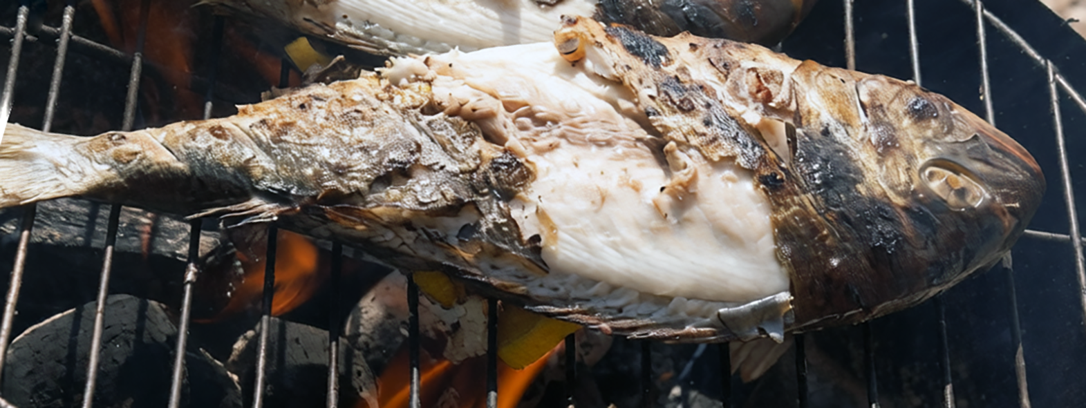 whole sea bream cooking on a barbecue