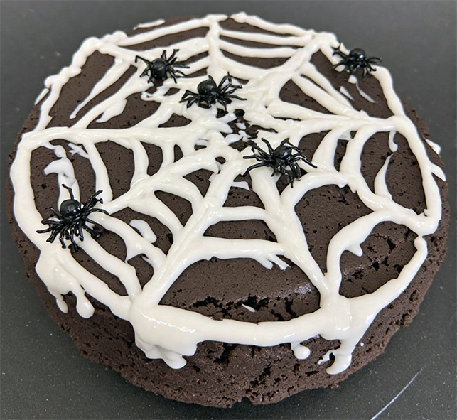devil's food cake with white spiderweb glaze and candy spiders