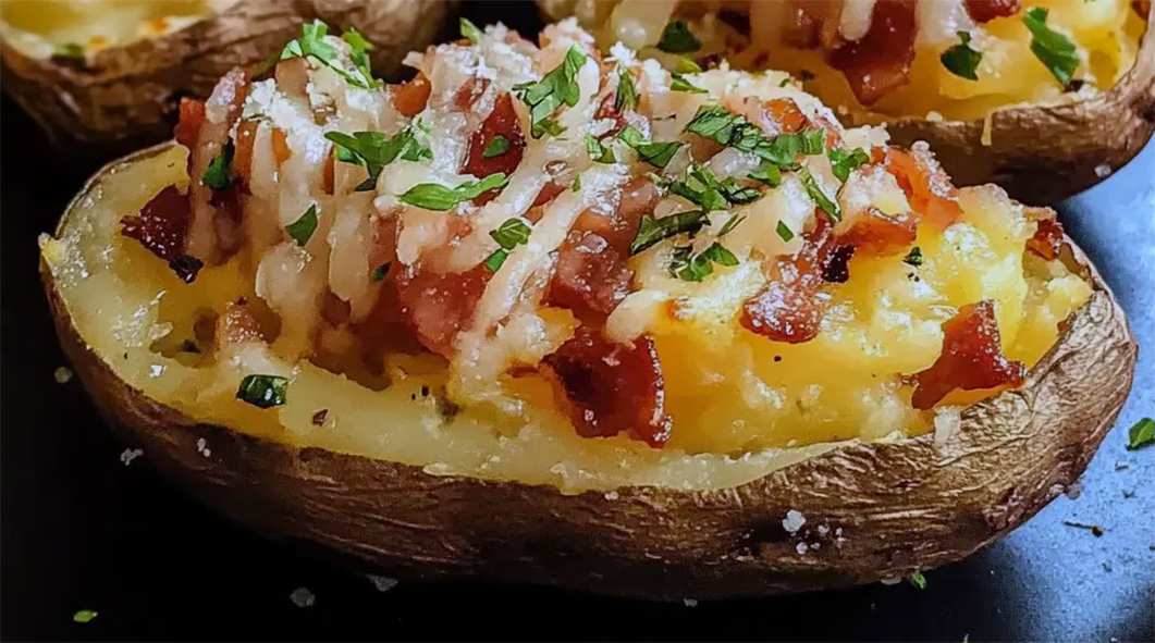 hollowed out baked potato skin filled with spaghetti and topped with spaghetti sauce cheese and bacon