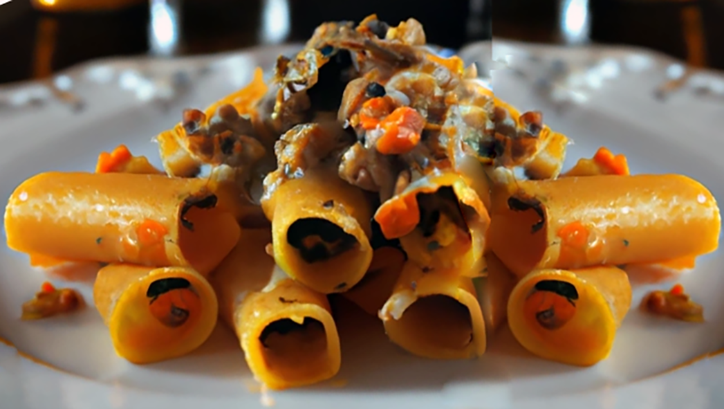 stuffed rigatoni pasta topped with ricotta sauce on a plate