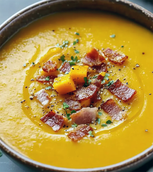 butternut squash and smoked bacon soup served topped with bacon pieces