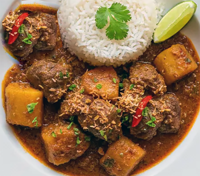 Mozambican beef and cassava curry served with rice and a lime wedge