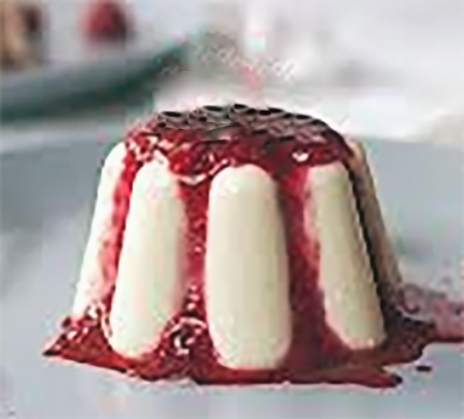 white carrageen moss pudding with red rose-hip coulis spooned over