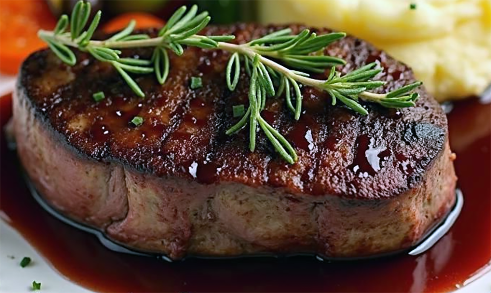 seared chateaubriand steak topped with rosemary served with vegetables and a clarified red wine and shallot reduction