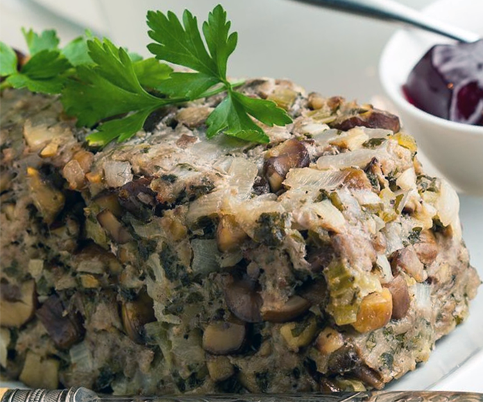 chestnut and bacon stuffing with pork sausage meat baked as a loaf