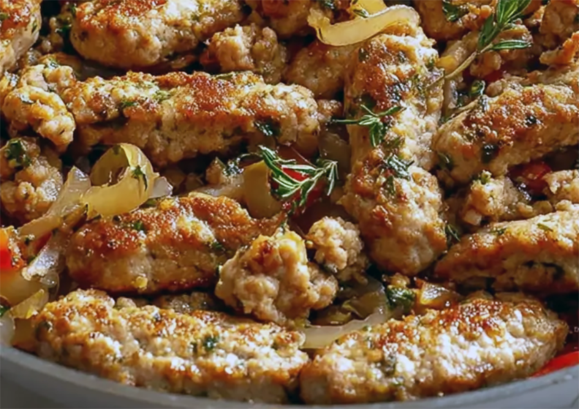 chicken and oatmeal sausages frying with onions in a pan