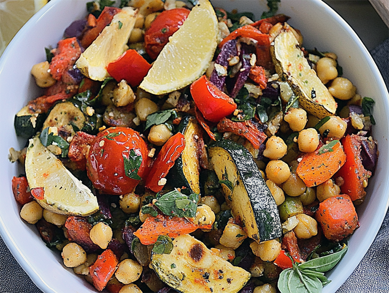 chickpea and roast vegetable salad in a bowl with lemon wedges