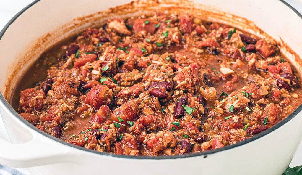 leftover turkey chili con carne in a bowl