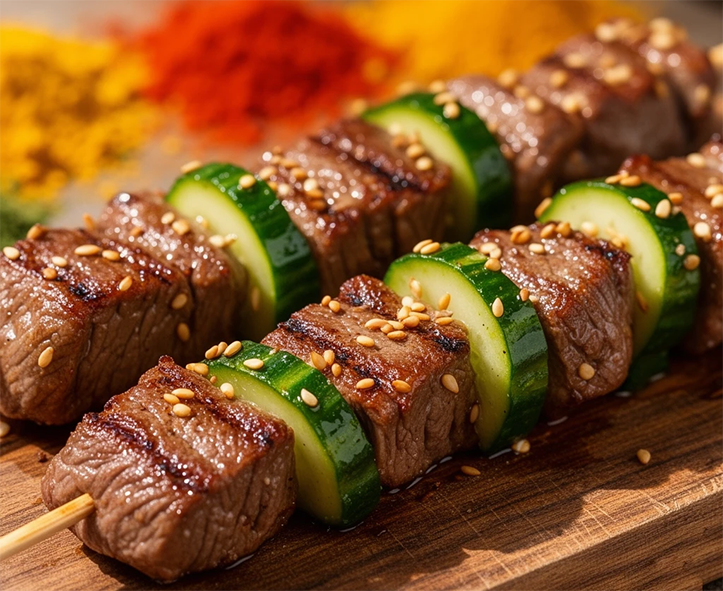 barbecued kebabs of lamb and cucumber served sprinkled with sesame seeds