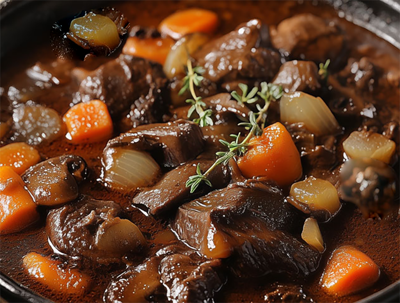 civet of hare in a casserole dish garnished with sprigs of thyme