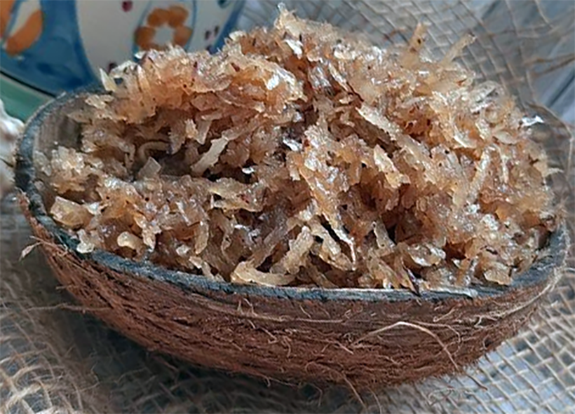 Senegalese sweet coconut preserve presented in a coconut shell
