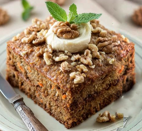 square of courgette, carrot and walnut cake on a plate