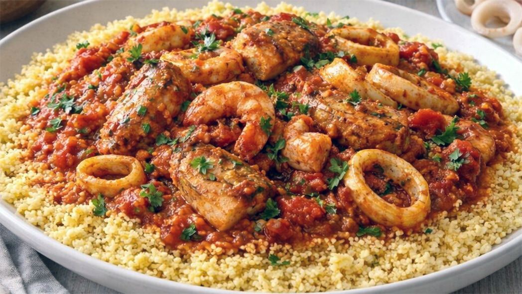 Trapanese style dish of seafood in tomato sauce served on a bed of home-made couscous
