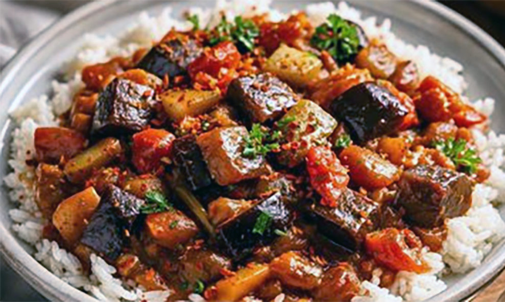 creole eggplants served on a bed of rice