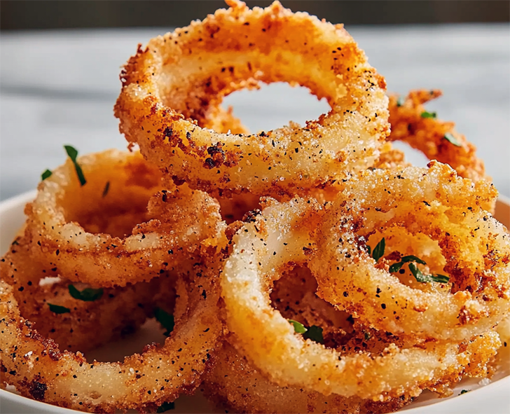 Crisp-fried onion rings on a plate