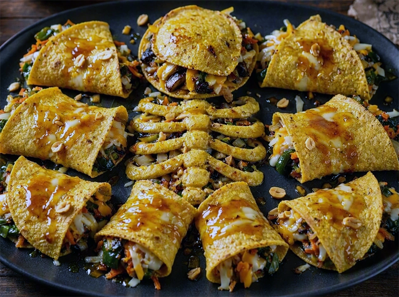 corn tortillas filled with a mix of cheese and vegetables coated in a groundnut oil sauce and served like a skeleton