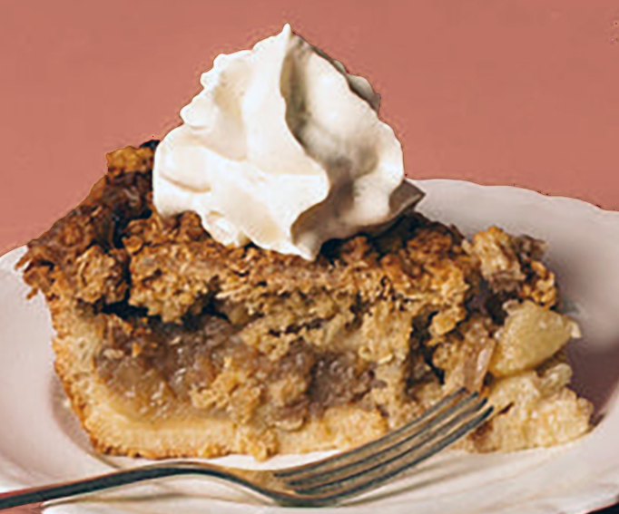 slice of Dried Fruit Custard Crumble Pie served topped with whipped cream
