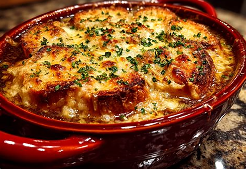 Bread and cheese topped Dutch onion soup in a casserole dish