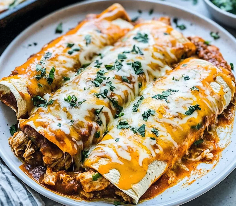 three enchiladas with a chicken and courgette filling on a plate