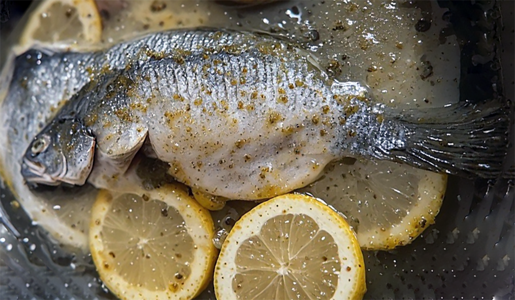 whole prepared fish simmering in lemon juice with lemon slices