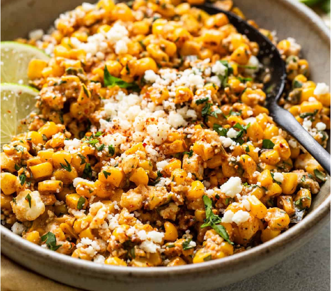 esquites corn served in a bowl with a crumbled cheese topping