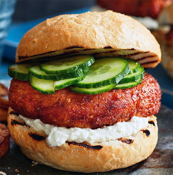 feta falafel burger with sliced cucumber