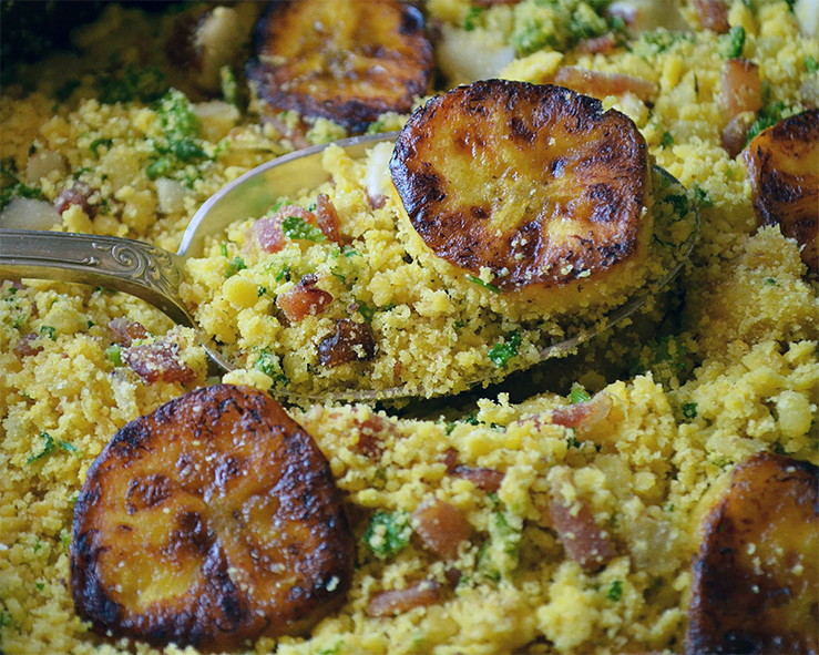 fried cassava flour with bacon garnished with fried plantains